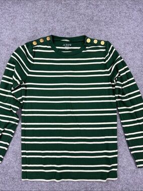 J. Crew Green and Cream Striped Long-Sleeve Sweater with Gold Buttons